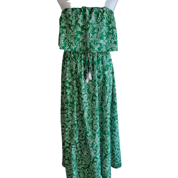 Womens Green Leaf Print Strapless Ruffle Drawstring Long Maxi Dress Size Large - Picture 2 of 9